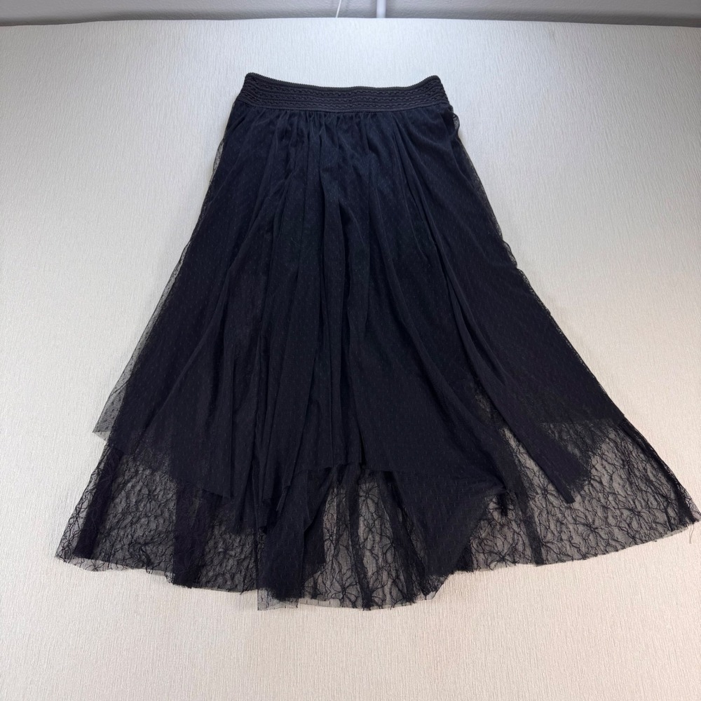 Vtg Y2K Free People Black Mesh Lace Trim Maxi Skirt Smocked Waist Sz S Boho